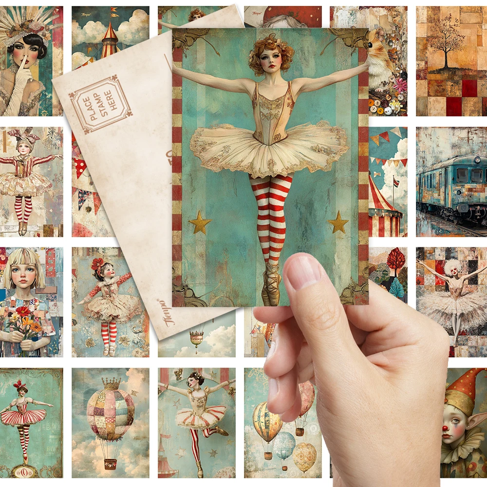 32 Stück Vintage Fantasy Zirkuspostkarten, Collage-Illustrationsstil, Schlafzimmerdekoration für den Innenbereich, Wandaufkleber, Grußkarten, Memorbilia