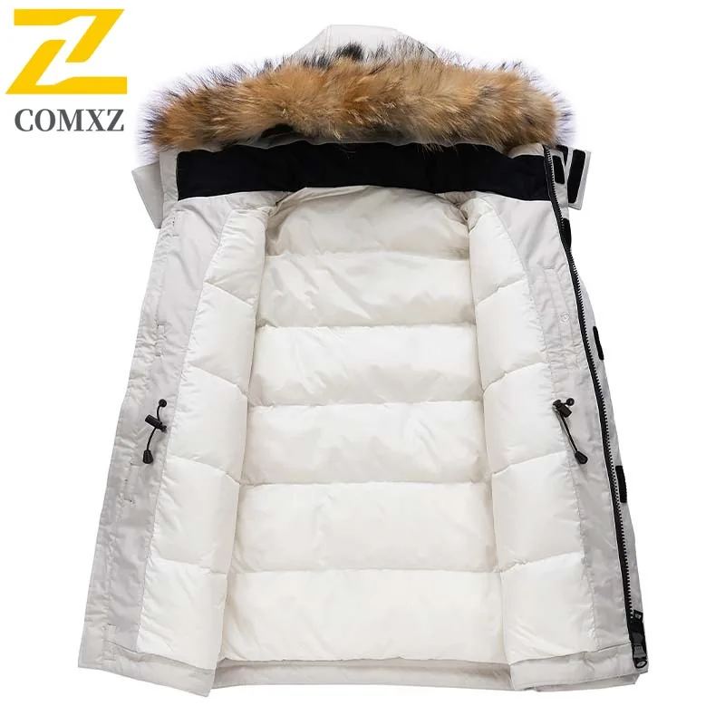 COMXZ National Standard Men Down Jacket Winter Original High Quality 90% White Duck Down Mid Length Detachable Fur Collar Coat