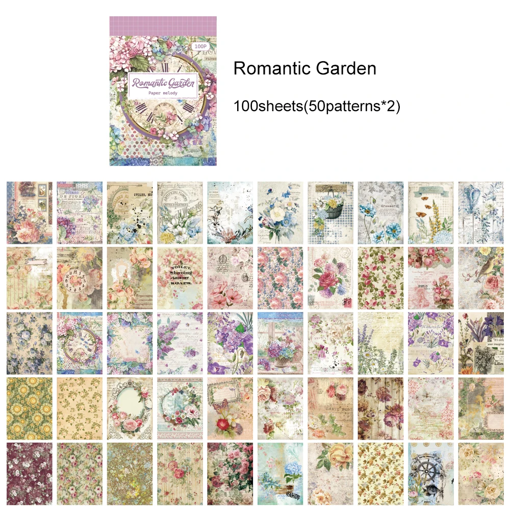 100 Blatt nicht klebendes Vintage-Blumen-Scrapbook-Papier, 2 Materialien mit 50 verschiedenen Mustern, dekoratives Hintergrund-Kraftpapier – Detail 8