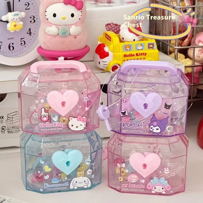 Mini caja del Tesoro multifunción, bonita con cubierta, joyero transparente Kt Kuromi, corazón para niña con llave, caja para pulsera con cuentas Diy