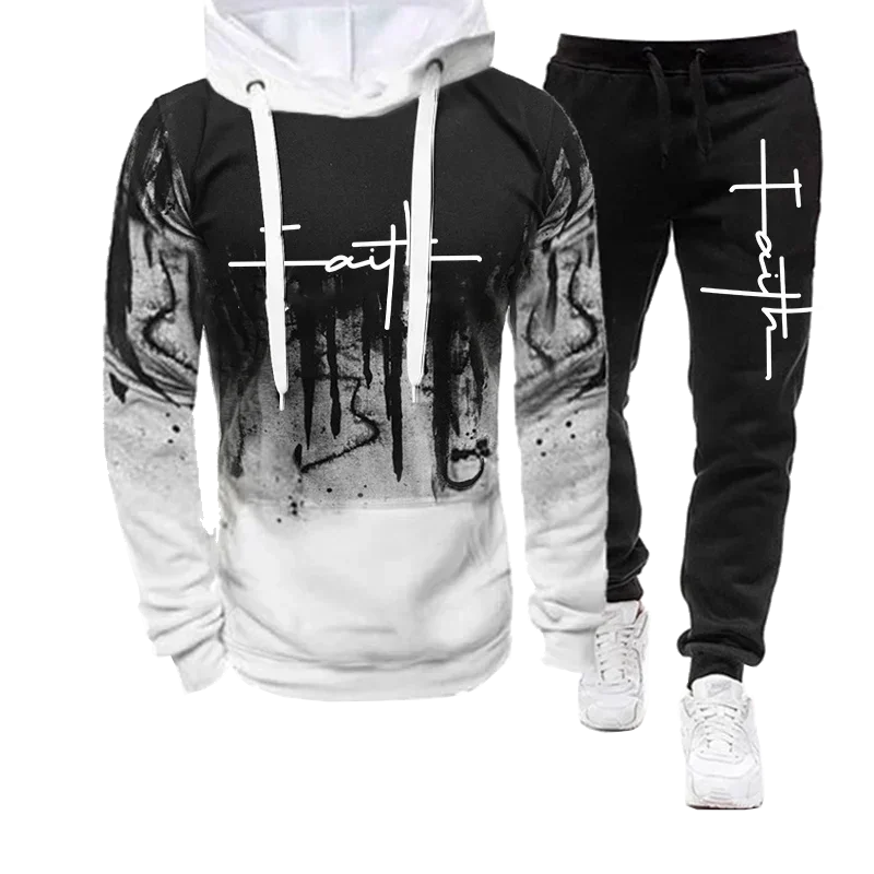 Fashion trend originality Faith Print Autumn Winter Men Casual Tracksuit Men Sweatshirts and Sweatpants 2 Pieces Sets Sportswear