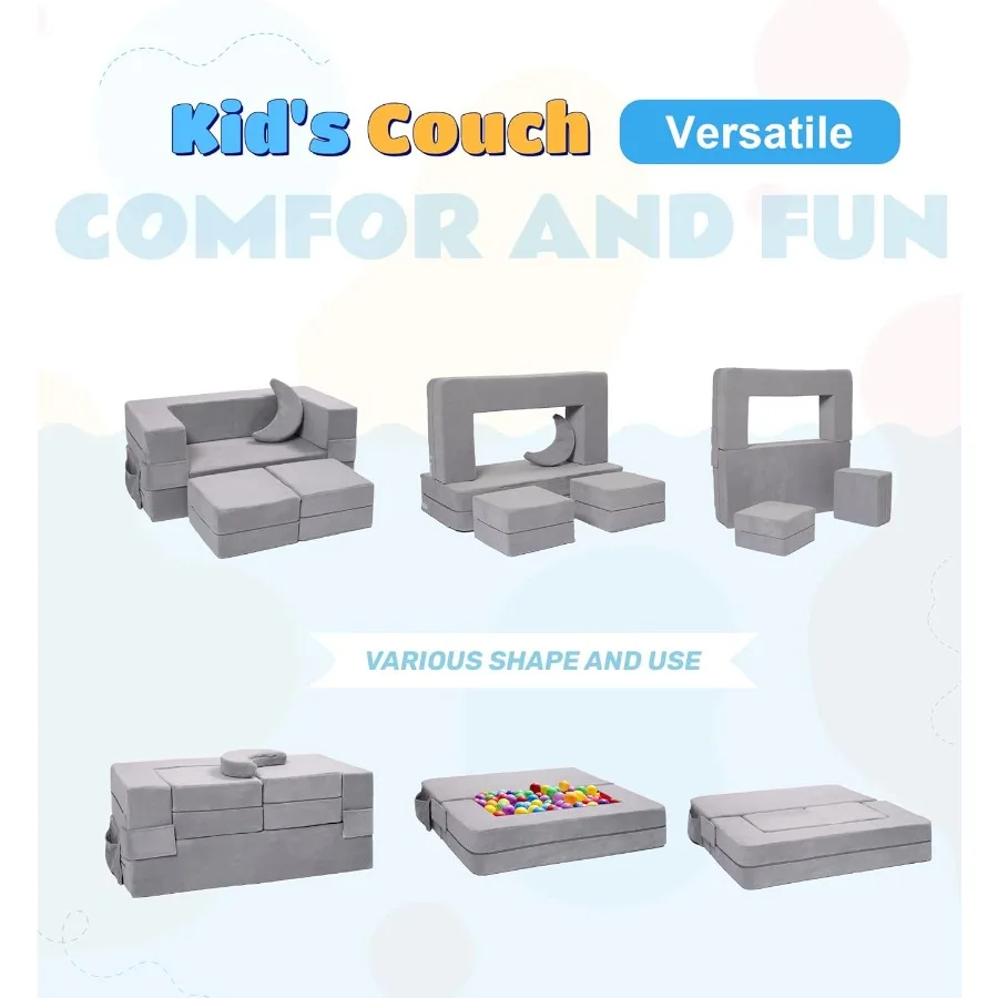 Modulares Sofa für Kleinkinder und mit Schaumsessel, umwandelbares Plüsch-Spielset mit ausklappbarem Schlafsofa in Grau, ideal für Zuhause