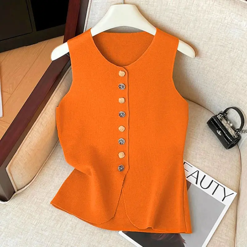 Round Neck Knit Vest coat Women Orange Sleeveless Mixed Decor Buttons Irregular Hem Soft Stretch Slim Fit Knit Outerwear Blouse
