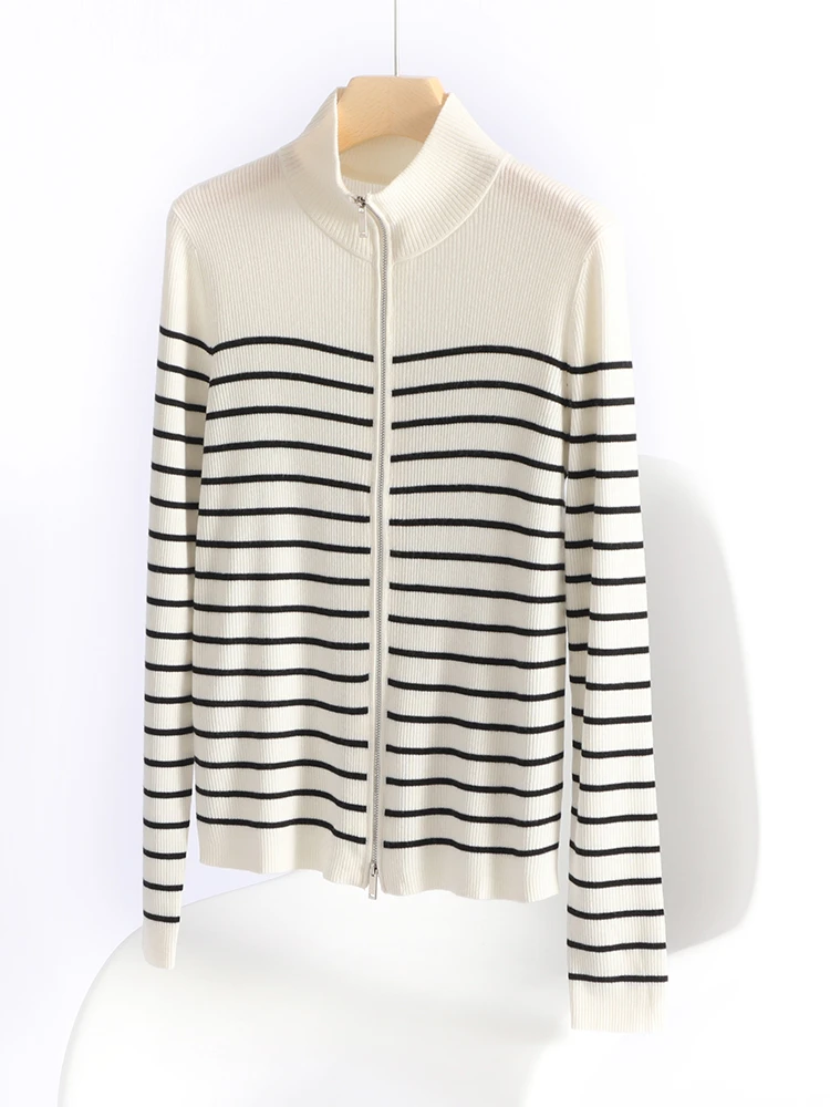 

New Fashion Spring Autumn Women Sweater Worsted Merino Wool Slim Knitted Cardigan Long Sleeve Striped Clothing Tops Outerwear