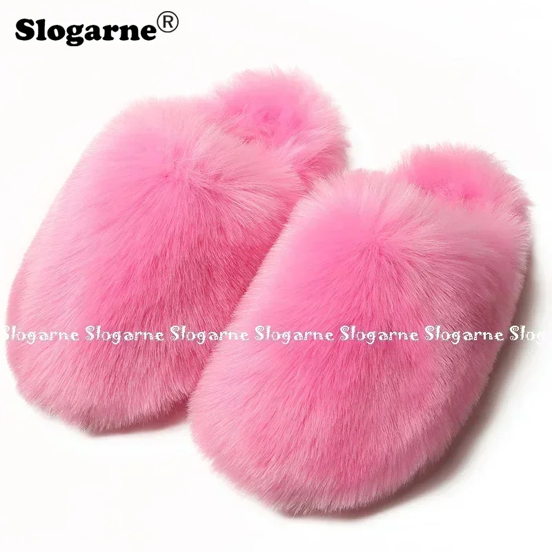 Ladies Winter Faux Raccoon Fur Slippers Women Warm Fur Slides Girls Luxury Furry Faux Fox Fur Slippers Home Outdoor Cotton Shoes