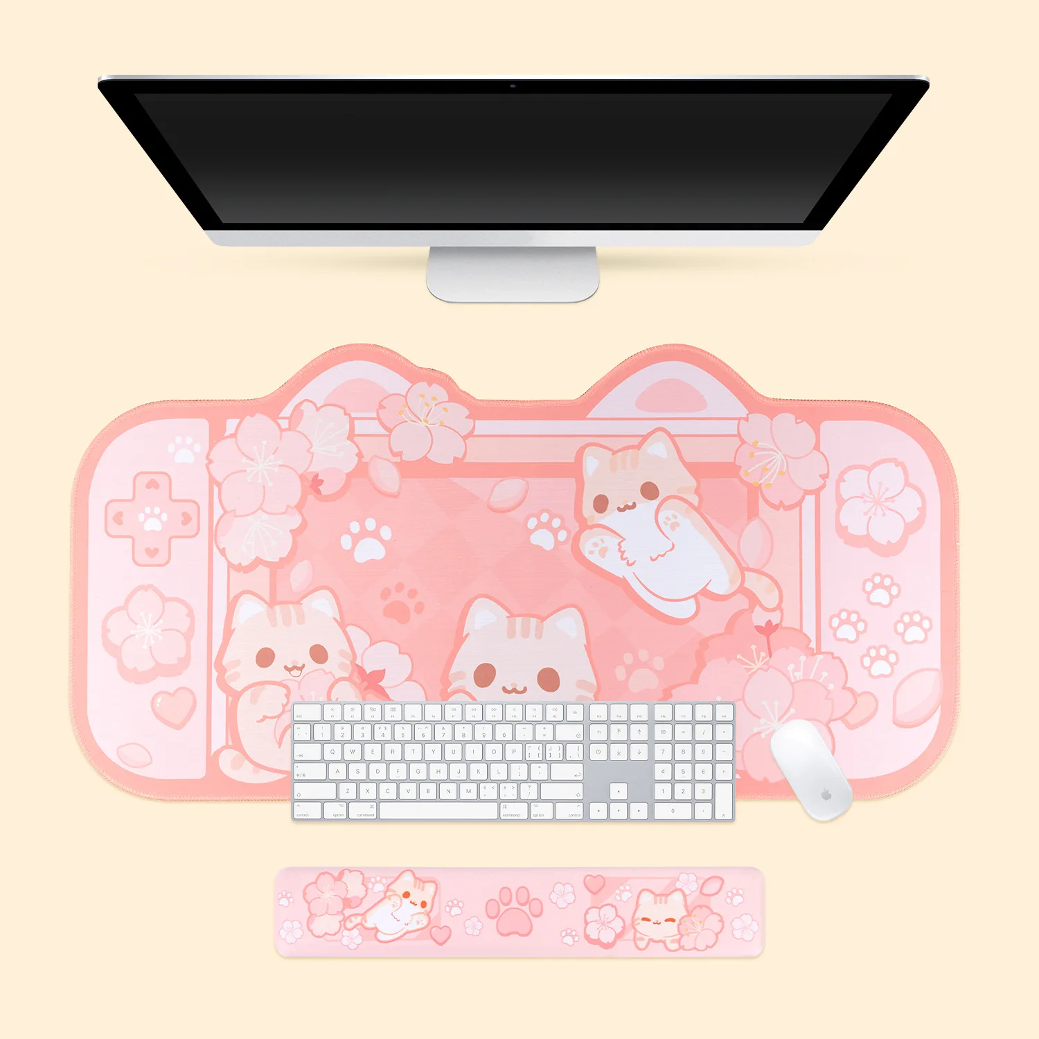 Extra Large Kawaii Gaming Mouse Pad Cute Pastel Pink Sakura Cat XXL Big Desk Mat Water Proof Nonslip Laptop Desk Accessories