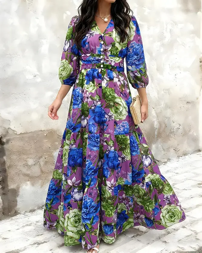 

2026 New Women's Printed V-Neck Long Skirt Shirt Back Ruffle A-Line Holiday Dress