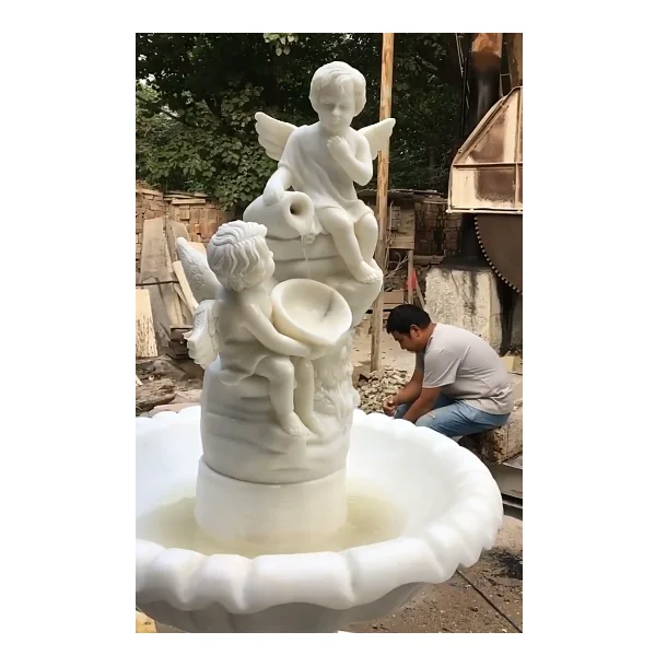 

Outdoor Garden Decoration Natural White Hand Carved Marvel Cherub Little Angel Water Fountain