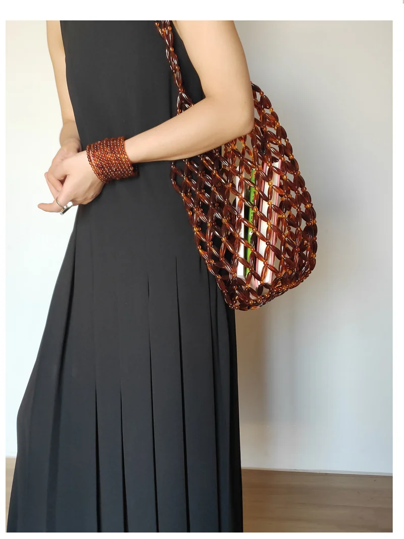 Vintage Large Acrylic Long Beads Weaving Tote Mesh Shopping String Net bag for summer beach