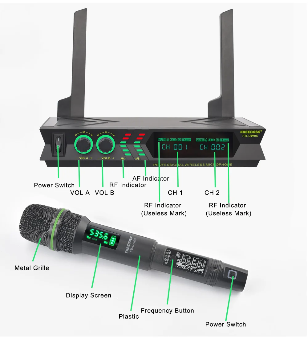 Imagem -05 - Boss Uhf Ajustável sem Fio Handheld Microfone Cardióide Transmissor 48 Freqüência Dupla Canais 28m Dinâmico Mic Fb-uw05