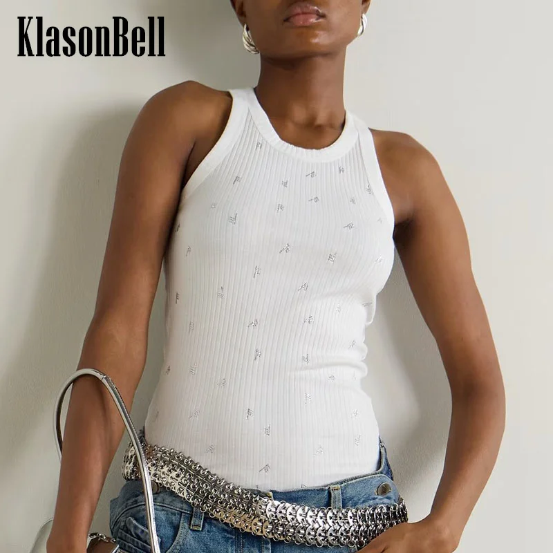 

7.19 KasonBell Letter Rhinestone Ribbed Knitted Tank Top For Women White O-Neck All-matches Stretch Basics Camisole