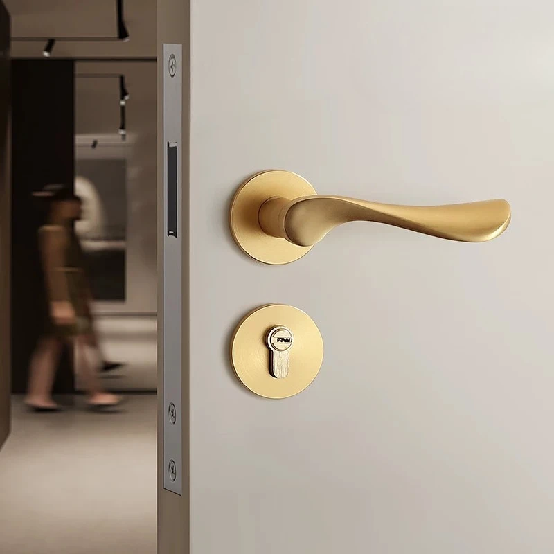 Space Aluminum Brushed Gold Magnetic Silent Door Lock, Split Interior Bedroom Handle, Solid Grip, Thick Panel, Quiet Latch