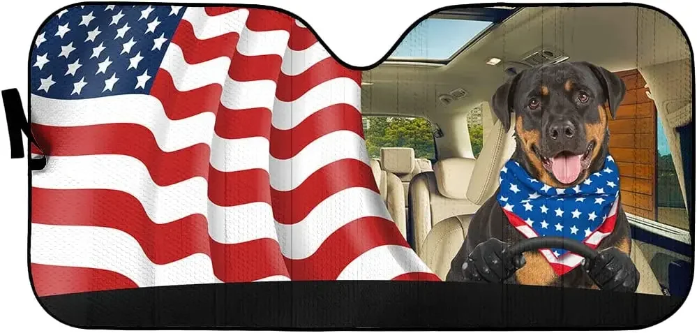 Rottweiler Left-Handed Drive with American Flag Car Sunshade, UV Protection Windshield Sunshade Window Sunshade