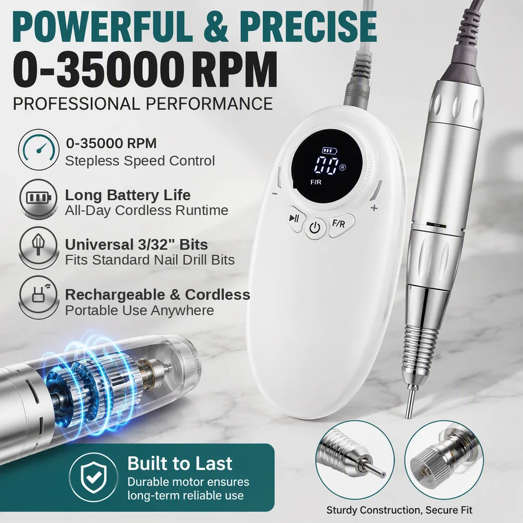 Cordless Nail Drill 35000RPM Portable Rechargeable Electric Nail File Efile Compact Acrylic Gel Nails Manicure Pedicure Kit
