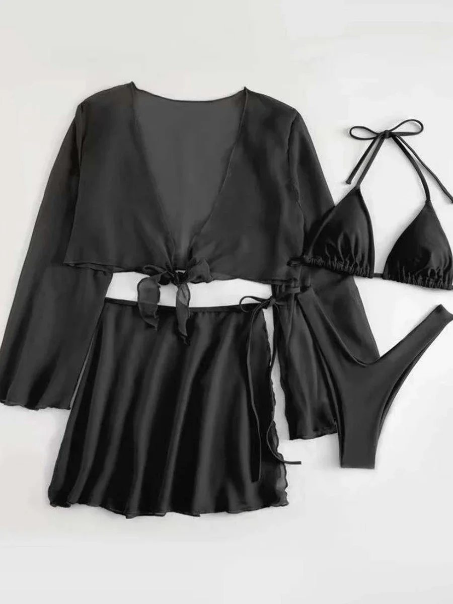 Bikini con Tanga de 4 piezas para mujer, traje de baño negro con Top y vestido, traje de baño femenino con cuello Halter, ropa de playa, traje de baño de verano 2024