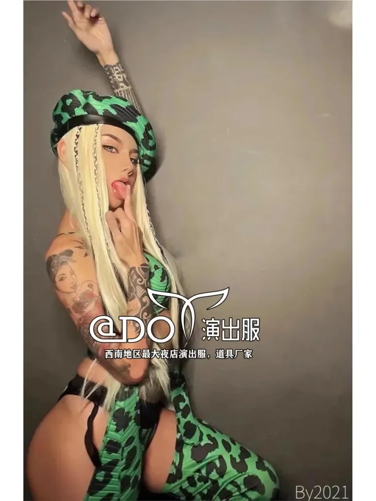 Leopard Print Open High-end Gogo traje para as mulheres, casaco verde sexy, bar boate, grande, novo