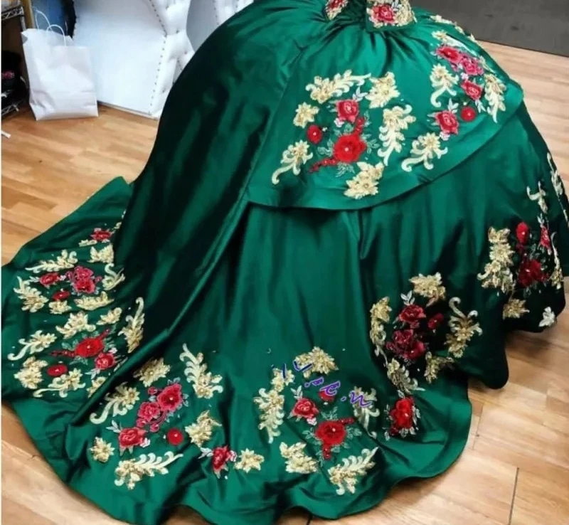 Vestidos de Quinceañera de Charro verde, vestido de baile, escote Corazón, apliques de cuentas, dulce mexicano, 16 vestidos, 15 años