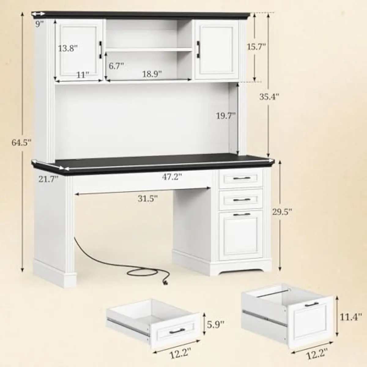 White farmhouse-style executive desk with hutch, 3 storage drawers, built-in power hub featuring 4 AC outlets and 2 USB ports, e