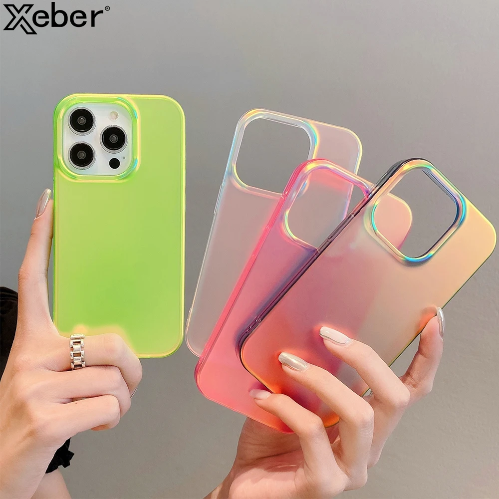 Luxury Fluorescent Laser Aurora Matte Phone Case For iPhone 16 15 14 Pro Max 13 12 Candy Shockproof Hard Protective Bumper Cover