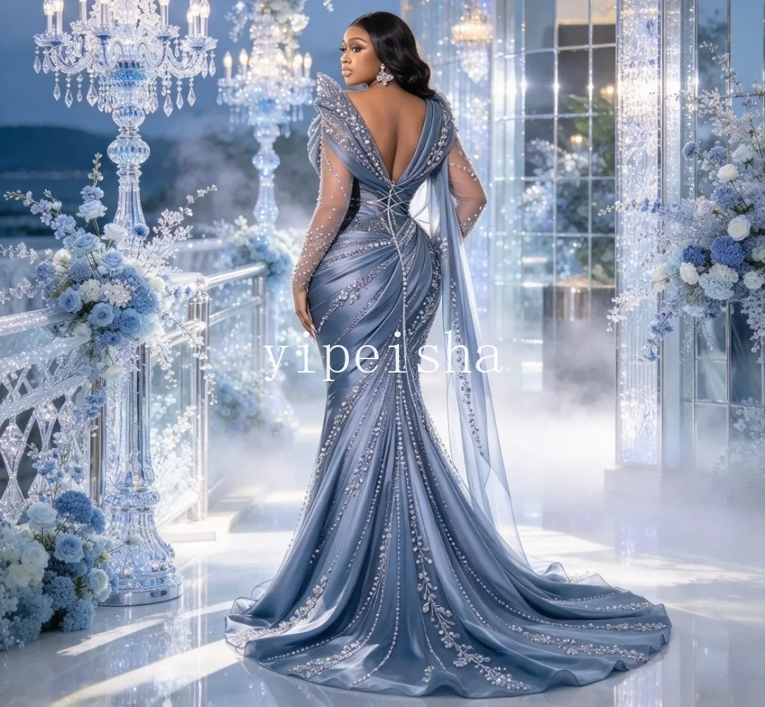 Customized Women Plus One Shoulder Mermaid Evening Dress Satin Sheer Long Sleeve Rhinestone Beaded Formal Gown Long Prom Party