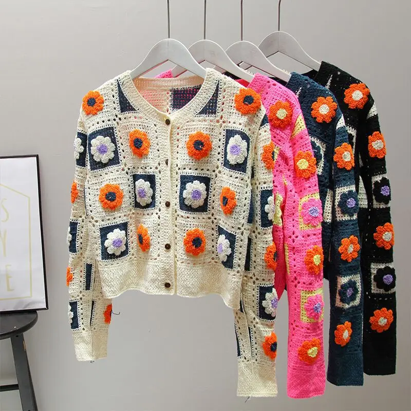 

Vintage Cardigan Knitted Crocheted Jacket with Buttons Women's Hollow Out Casual Open Stitch Women Sweater Loose Knitted Outwear