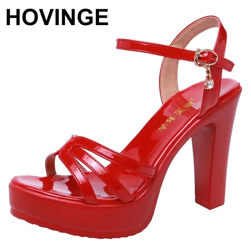 

HOVINGE Block Heel Platform Sandals Women Shoes Summer Wedding Shoes High Heels Sandals Ladies Patent Leather Model Party Sandal