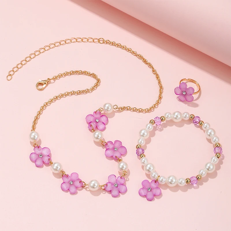 3Pcs/set Flower Charm Chain Necklace with Beads Bracelet Ring Jewelry Set for Girls Daughter Party Birthday Gift