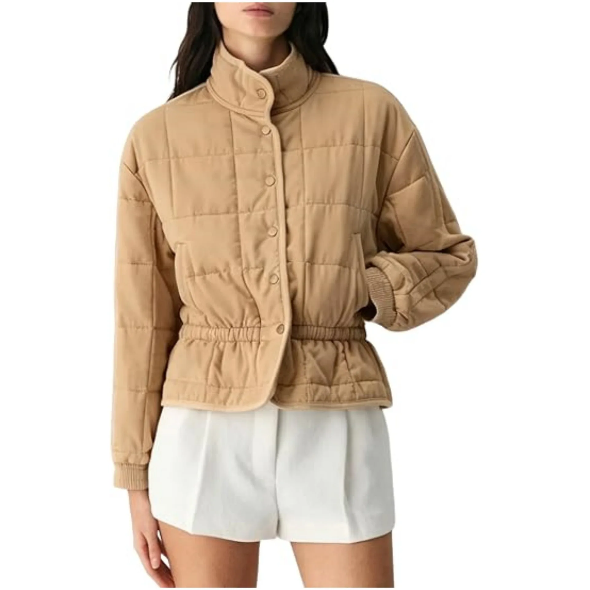 Autumn and winter stand up collar breasted women's cotton jacket, loose and casual, waist cinched long sleeved jacket, women's
