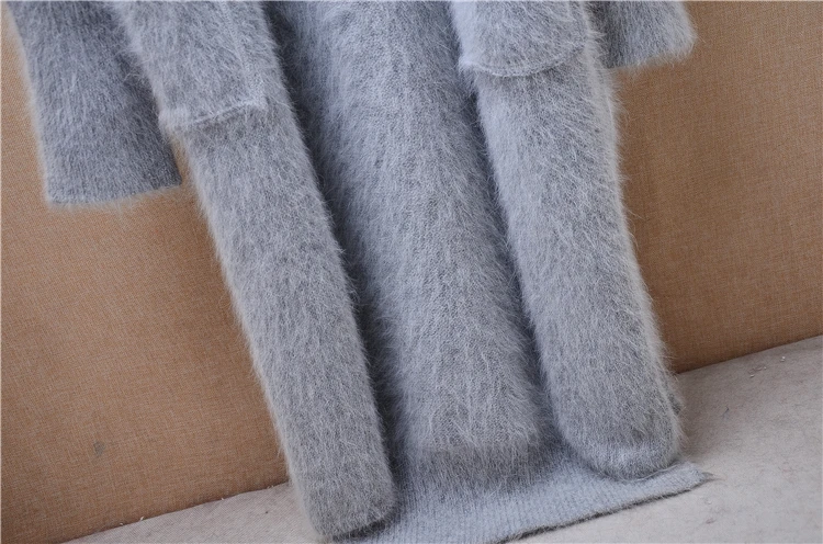 Ladies Women Autumn Winter Clothing Grey Hairy Mink Cashmere Knitted Long Sleeves Angora Fur Long Sweater Cardigans Mantle Coat