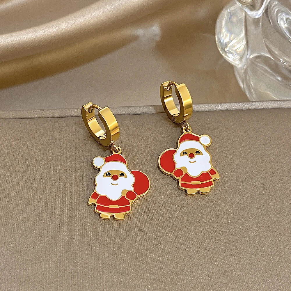 Greatera Father Christmas Cute Earrings Fashion Personality European American Stainless Steel Plated Gold Cartoon Design Jewelry