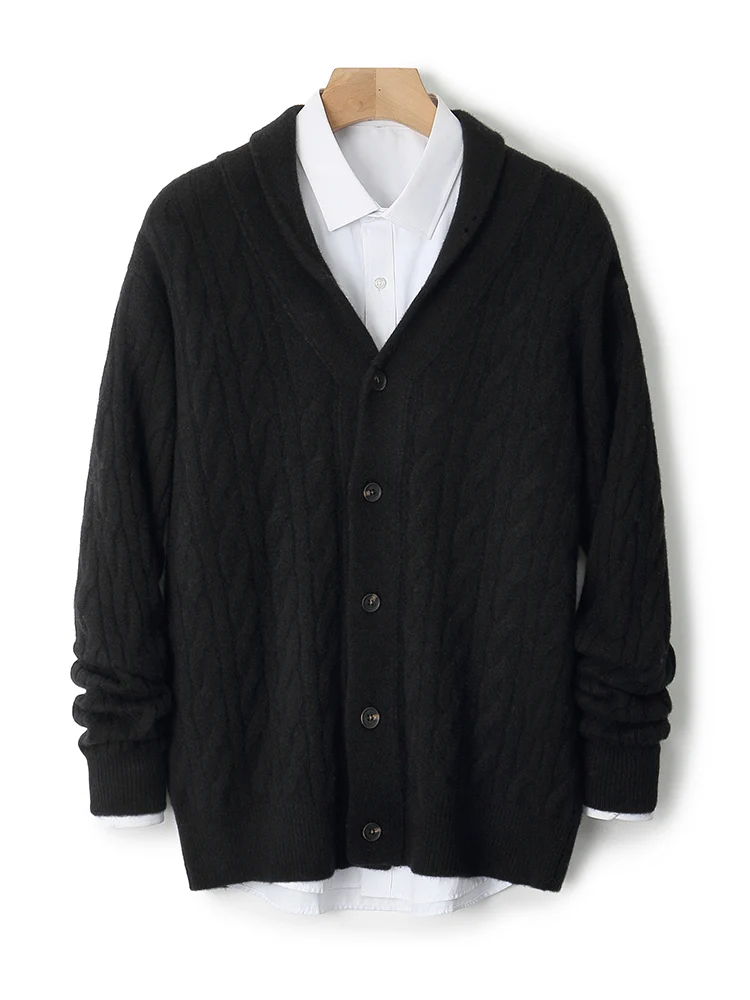 Thick Business Men's V-Neck Cardigan Cable Stitch 100% Merino Wool Knitted Sweater Warm Autumn Winter Casual Loose Clothing Tops