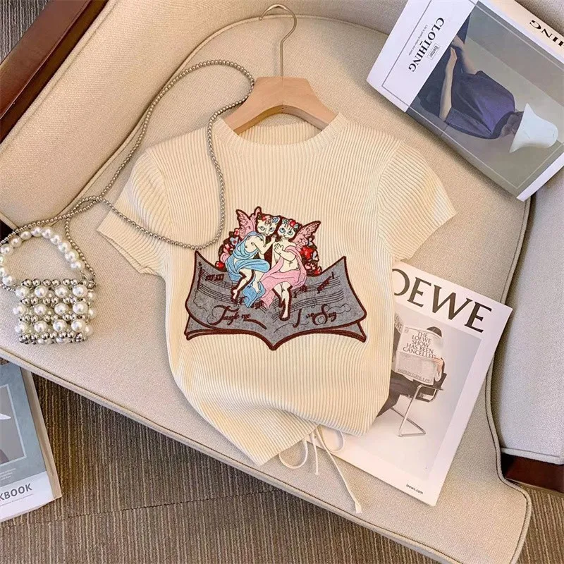 Cartoon Embroidered Slim Knit Sweater Tshirt Women Summer Stylish Fashion Elegant Tops Pullovers Short Sleeve Lace-up Knitwear