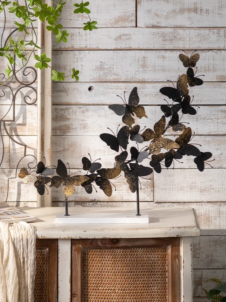 Modern Metal Butterfly Sculpture, Black & Gold Speckled Iron Art, Freestanding 3D Table Decor with White Base,