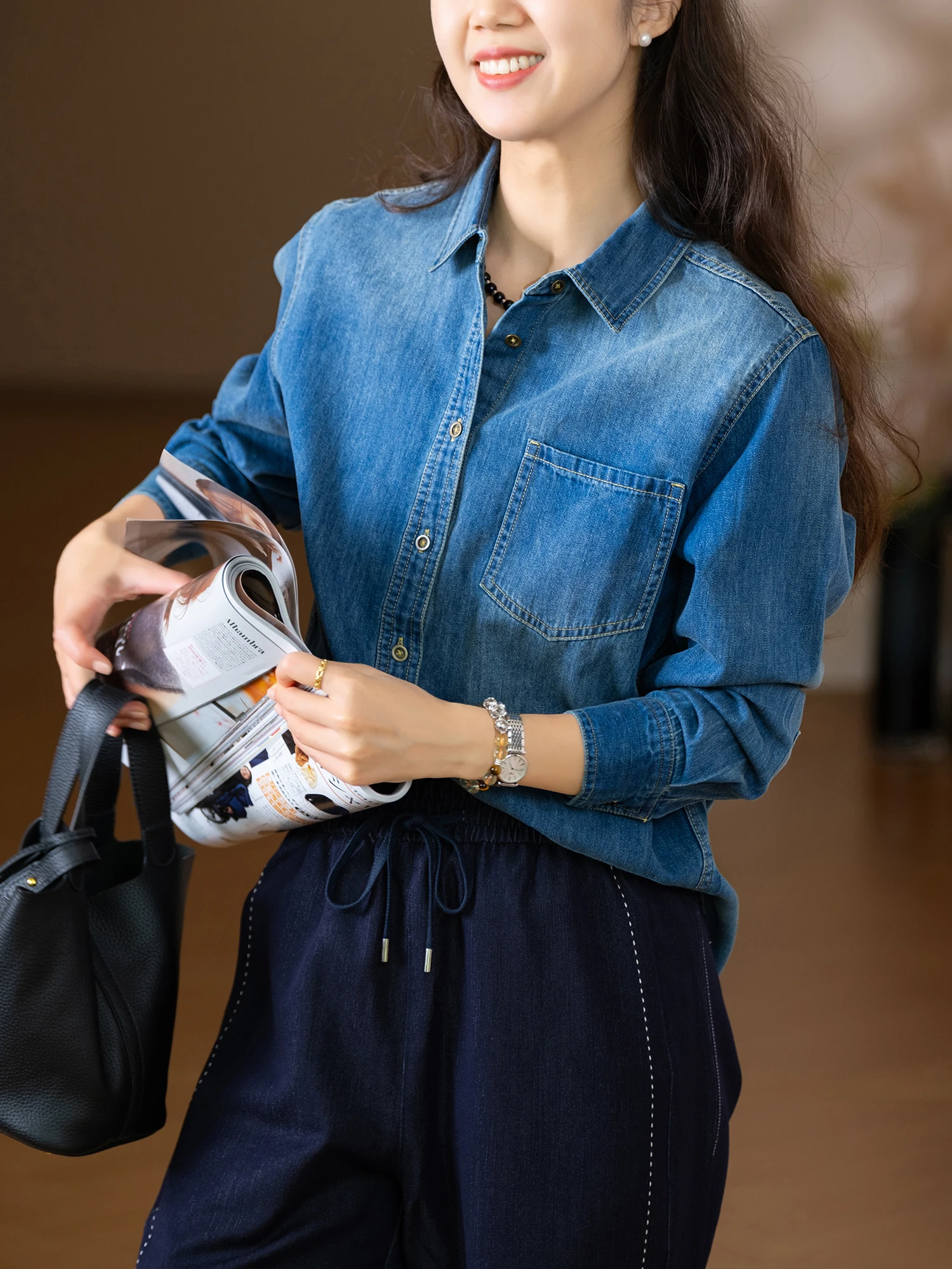 

Casual Cotton Denim irt Women Loose Fit Stone inding Waed Color Rope Dyeing Proc No Curl Teen Girl Open Cardigan