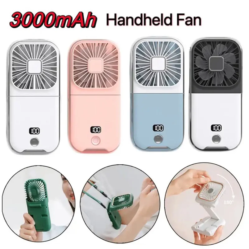 Mini portátil pendurado pescoço ventilador, ventilador de mão ao ar livre, mesa sem fio ar ventilador, carregamento USB, 3000mAh alimentado por bateria, 180 ° dobrável