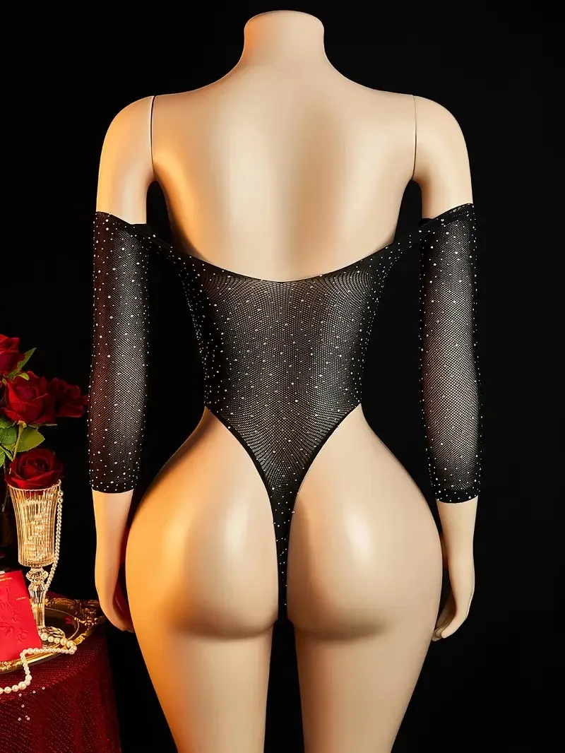Sexy Hollowed Out One Neck Off Shoulder Long Sleeved Jumpsuit For Spicy Girls Thin And Slimming Transparent Mesh Stockings view 3