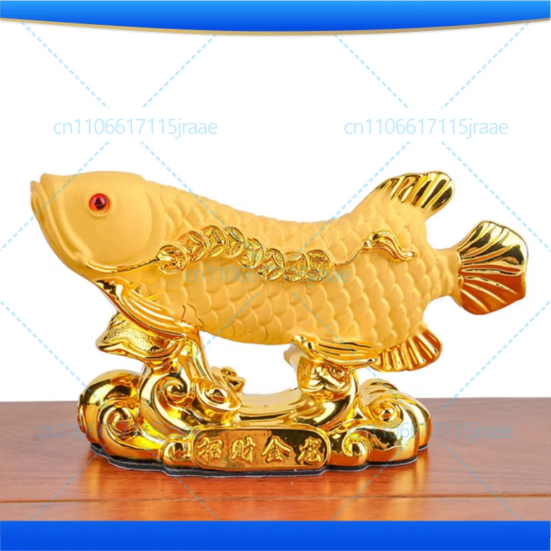 Golden Arowana Resin Statue - Feng Shui Wealth Fish Sculpture,Chinese Dragon Fish  Home Office, Lucky Money Attracting Ornament