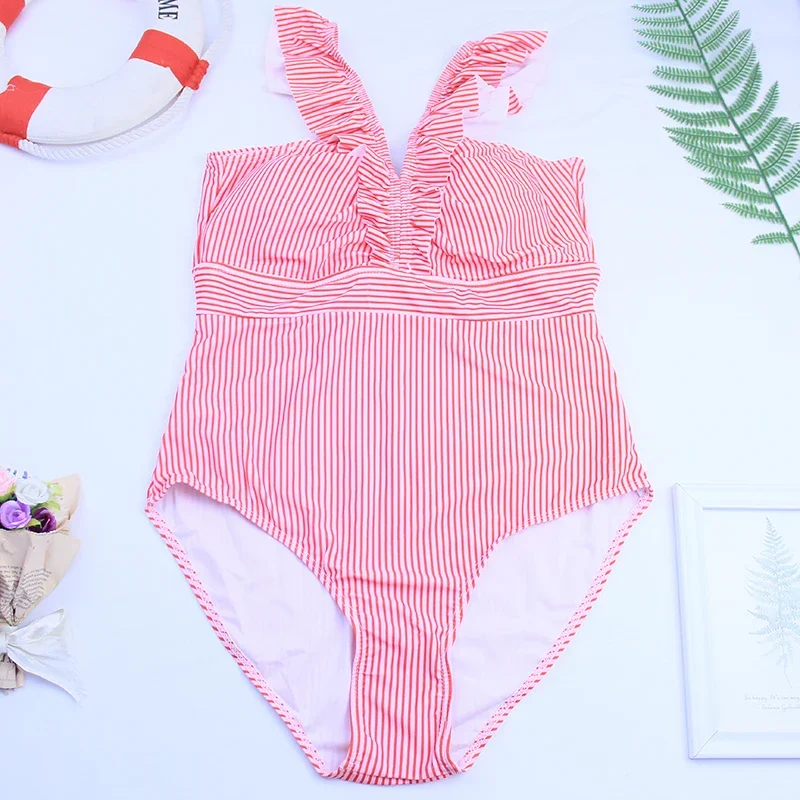 레드 러플 원피스 수영복 딥 브이넥 수영복 여성 수영복 비치웨어 모노키니 스트라이프 여성 수영복