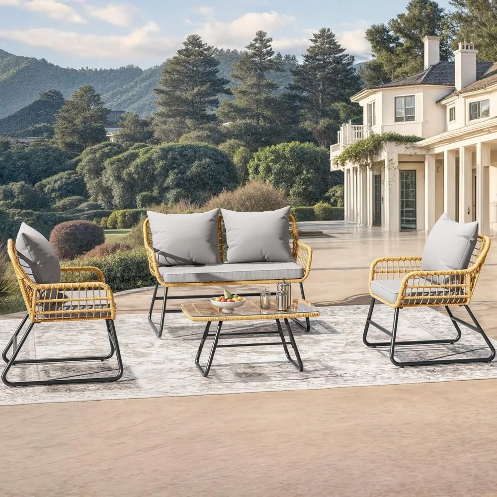 

4-Piece Patio Furniture Set, Wicker Outdoor Bistro Set, All Weather Rattan with Soft Cushions and Glass Side Table