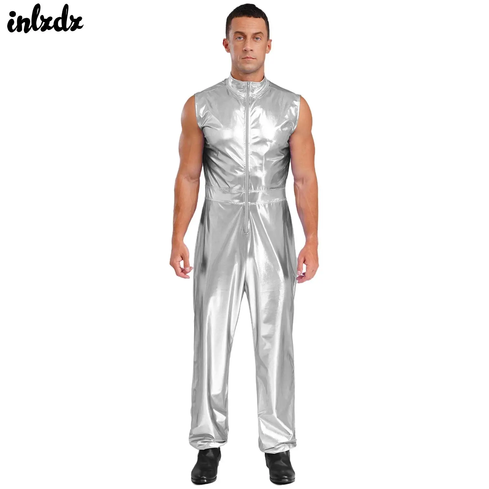 

Мужской костюм для косплея в стиле хип-хоп на Хэллоуин, блестящий металлический комбинезон на молнии, полный боди, уличный костюм для современного танца