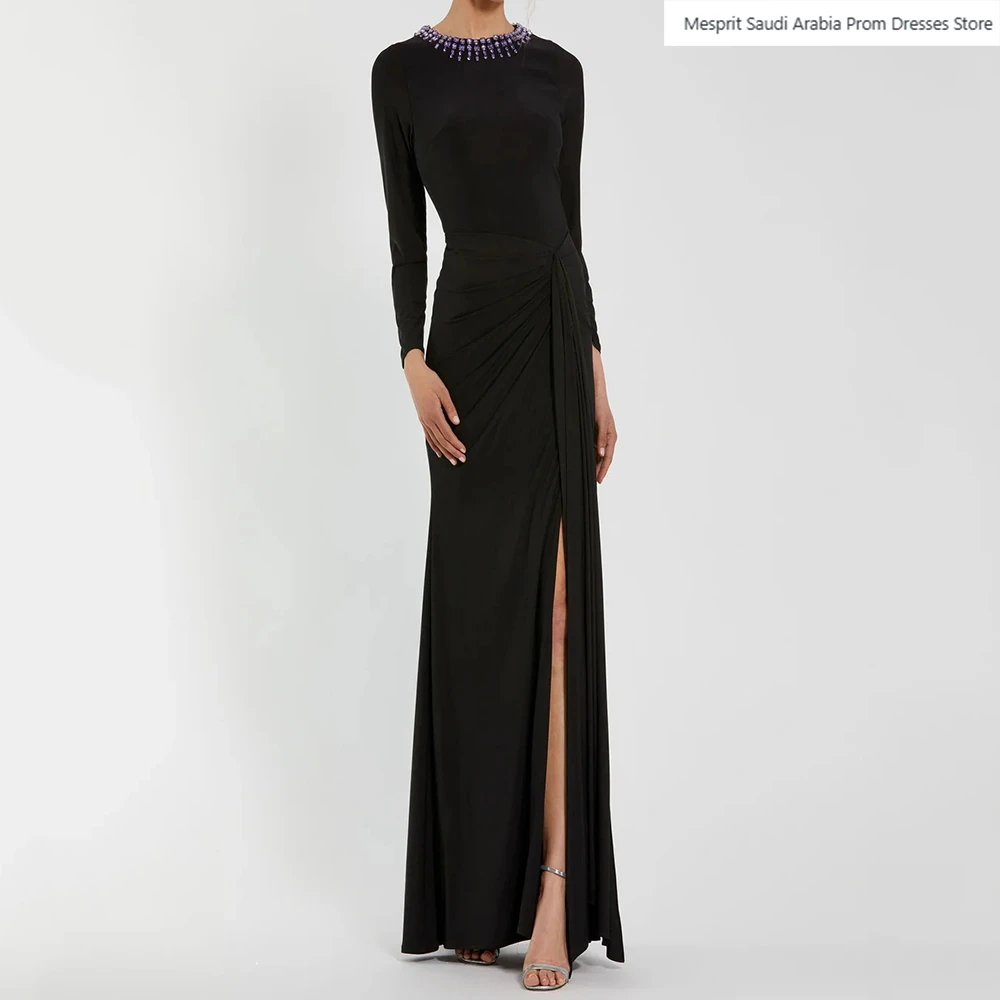 Vestidos de Noche negros de corte A para mujer, vestido de fiesta de manga larga con cuello redondo hasta el tobillo, vestidos personalizados drapeados simples de cristal a la moda