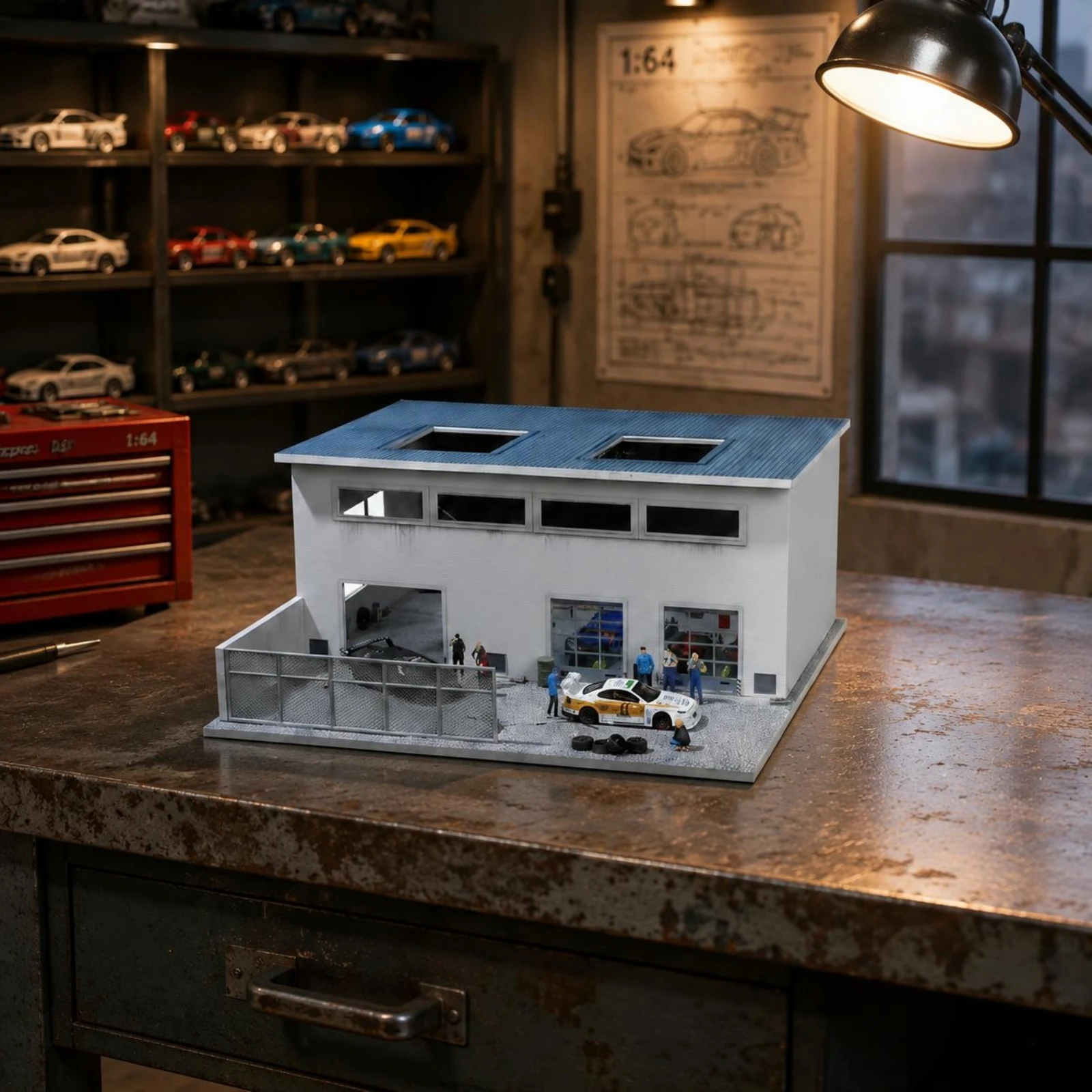 Miniature Factory Display Model Built-in Lighting Factory Building Model Industrial Building Model Blue Roof Garage Doors view 4