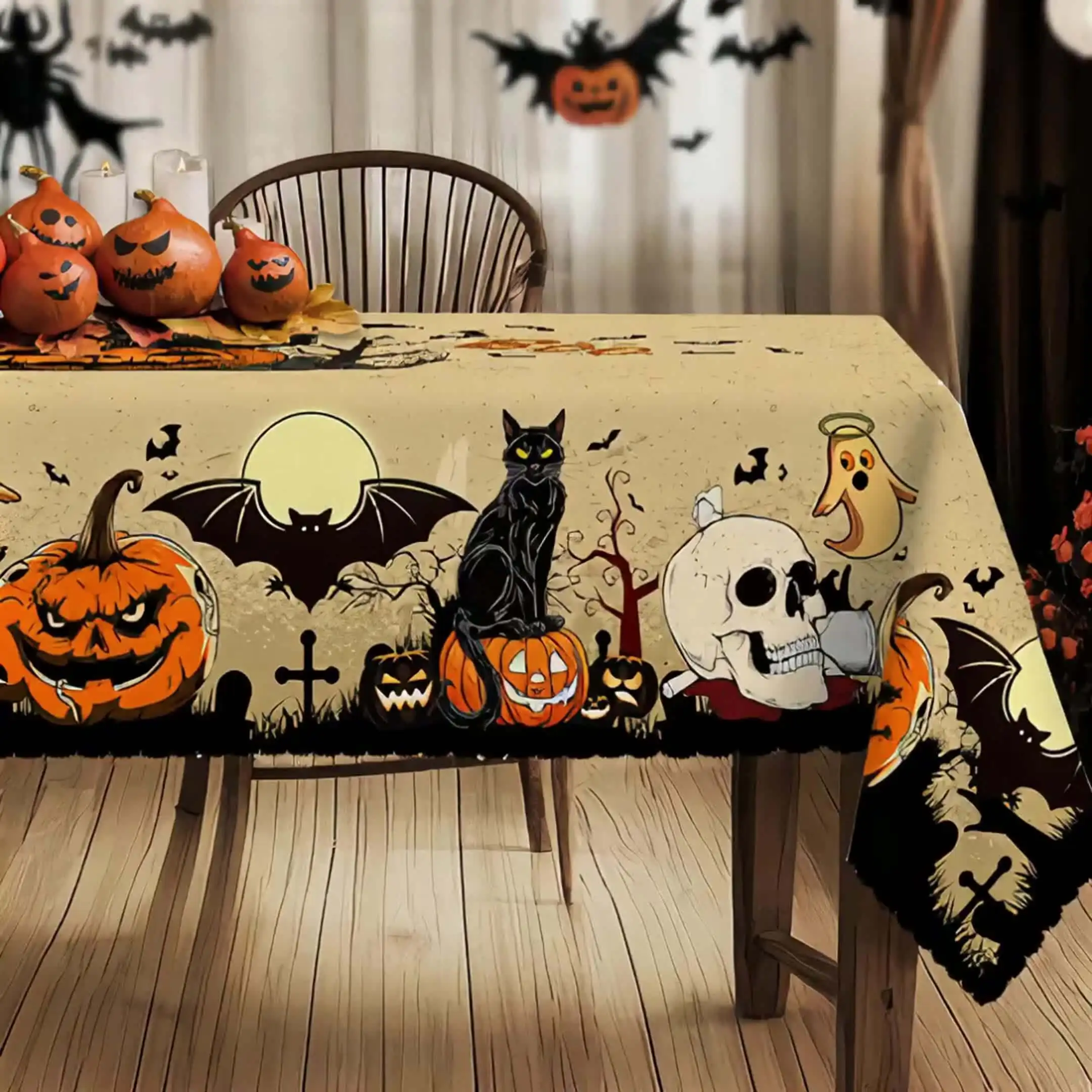Manteles de cumpkins, murciélagos, calaveras, Halloween, gato negro espeluznante, poliéster, cocina, mesa de comedor, decoración de Halloween