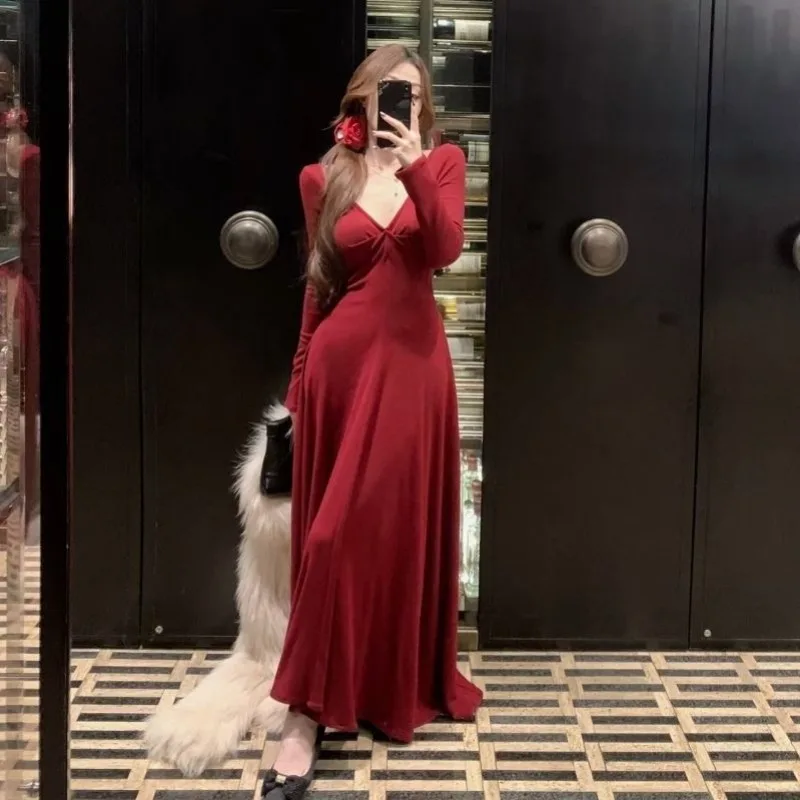 Women V Neck Twisted Front Long Sleeve Slim Fit Maxi Evening Dress