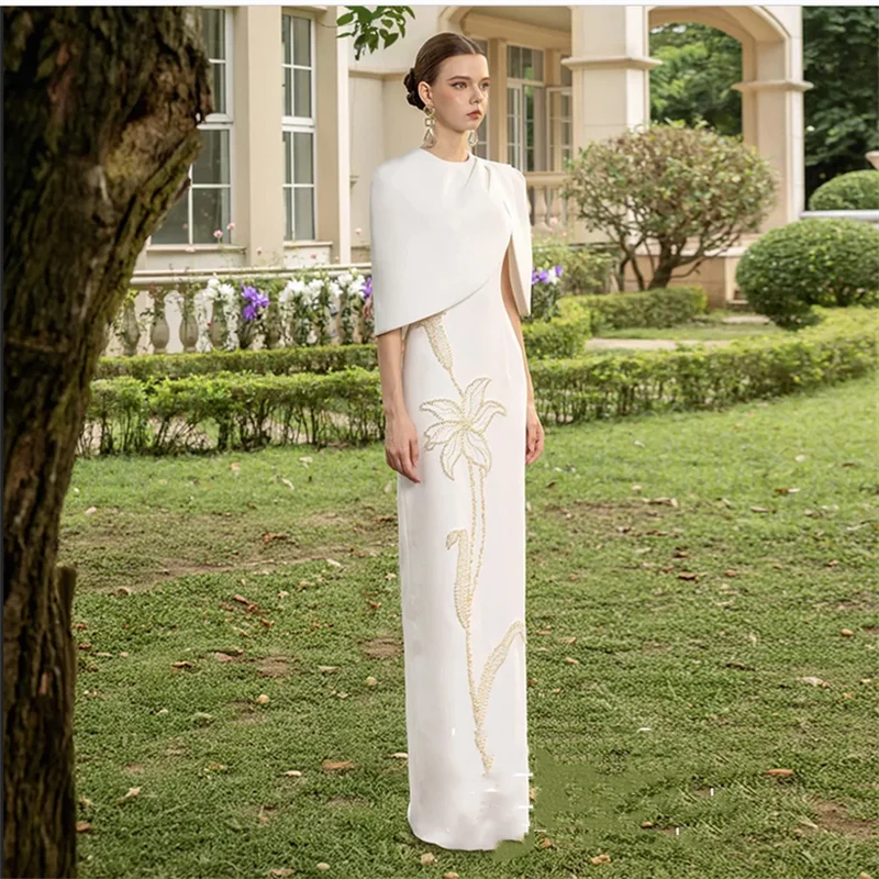 

Elegant Ivory Evening Dress Customized Round Neck with Cape Pearls Beading Sequined Arabian Party Gown Saud Prom Dresses