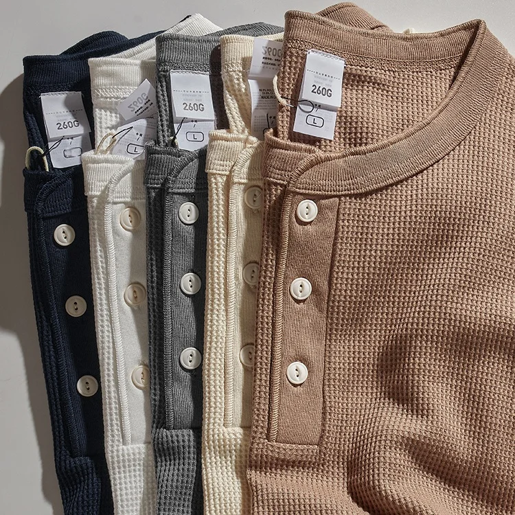 260G Heavy Waffle Henley Collar Men's Solid Color Loose Knitted Pullover Bottoming Shirt Casual Long Sleeve T-shirt