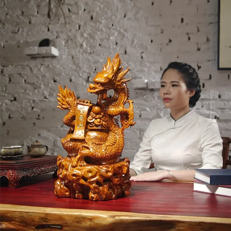 Huali Wood Carved Zodiac Dragon Ornament, Solid Wood Dragon Statue, Living Room Opening Decor Handicraft