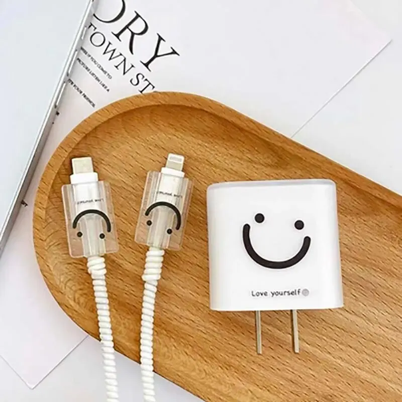 Black Smiling Face Apple Charger Protective Case Suitable for 18W-20W TPU Matte White Soft Shell