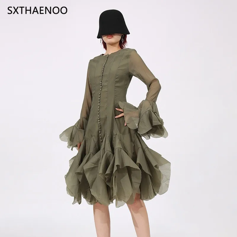 

Sxthaenoo Women's Dress Irregular Pleated Patchwork Fashion Long Lantern Sleeve Waist Cinching Mini Dresses 2025 New Clothing