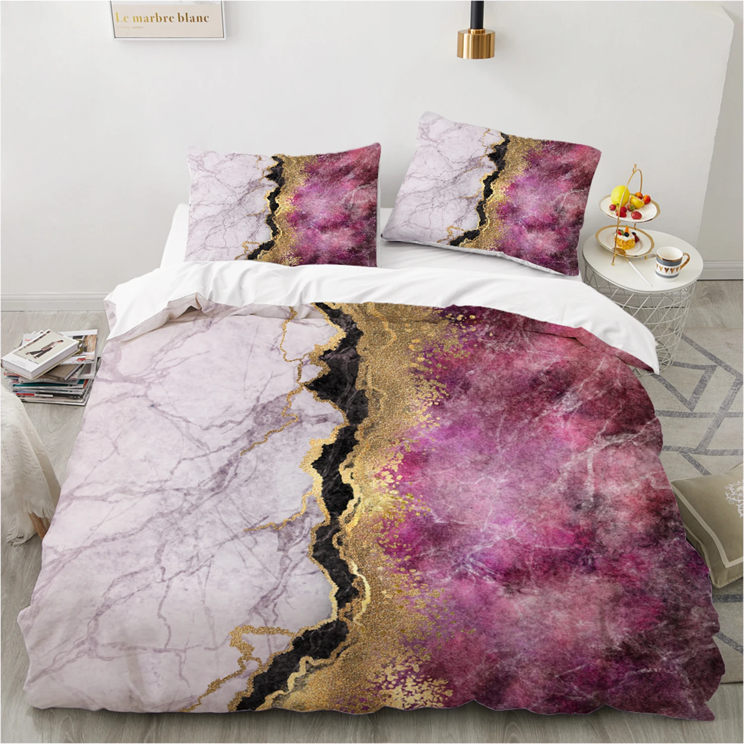 

Microfiber Bedding Set Duvet Cover Set Marble Pink Gold Bed Linen Full/Queen/King Size 200x200/240x220cm Breathable & Easy Care